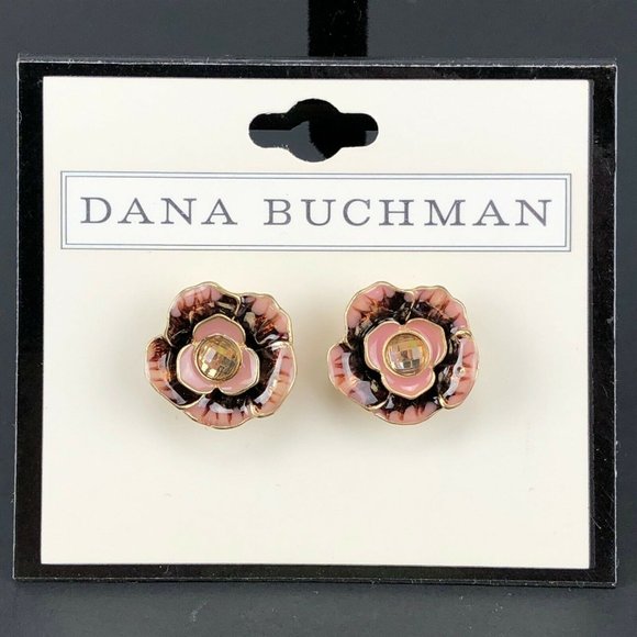 Dana Buchman Earrings Enamel Stud Rhinestone Flower Pink & Red - Picture 1 of 2